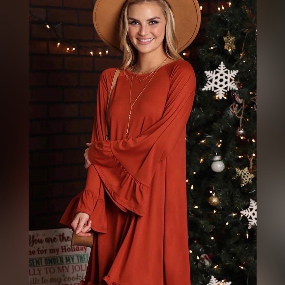 Ninexis Rust Ruffle Sleeve & Hem Long Sleeve Dress – Size M | NWOT